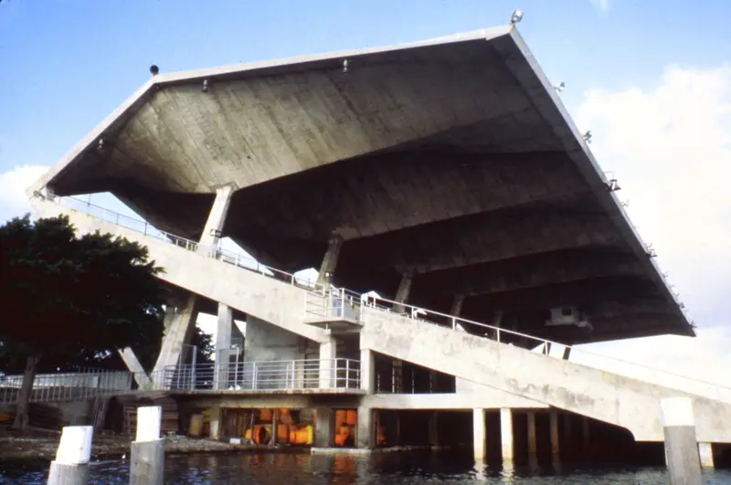 Side view of Marine Stadium roof from the water